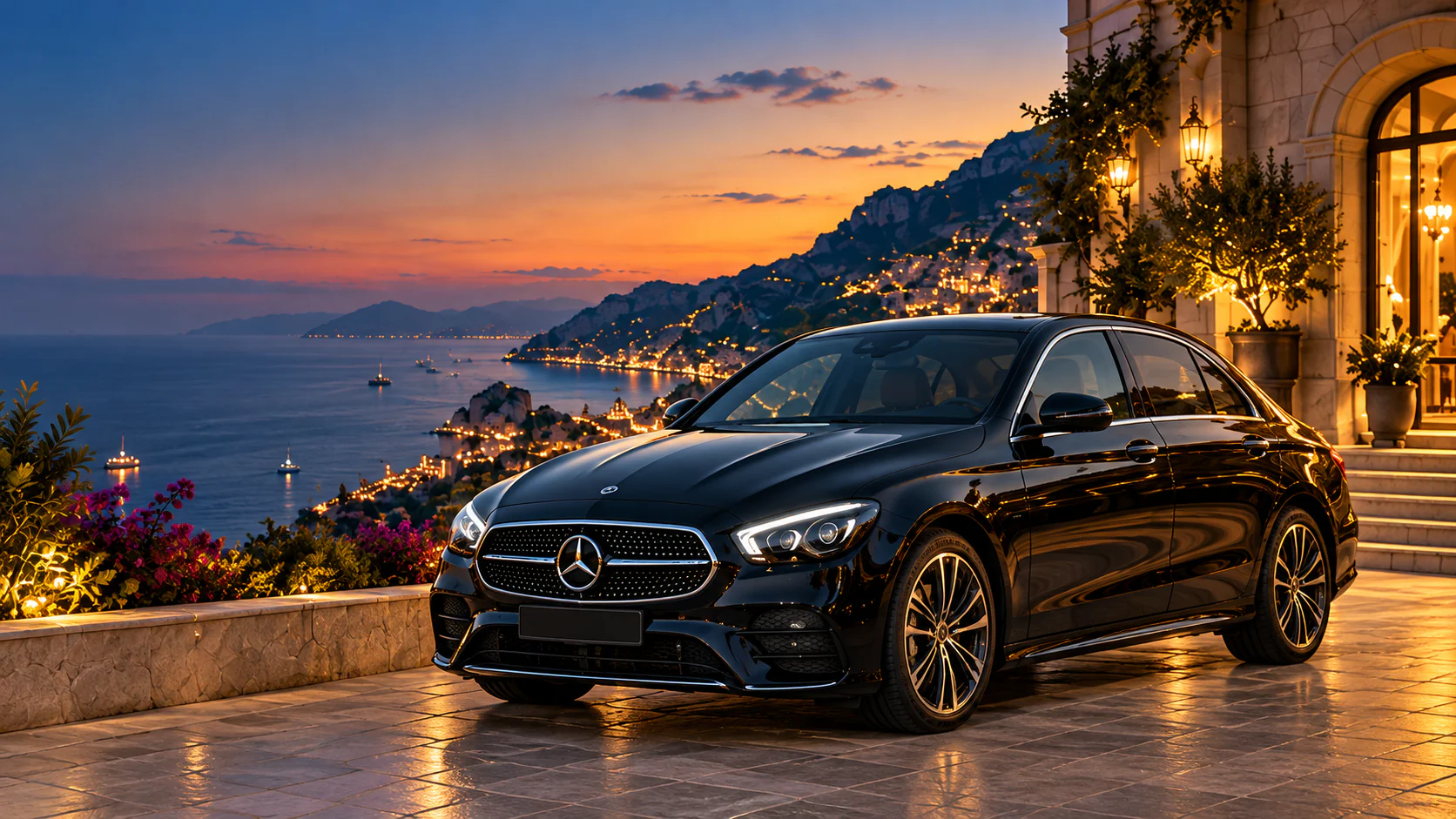 Mercedes Classe E nera davanti a un hotel sulla costiera, al tramonto